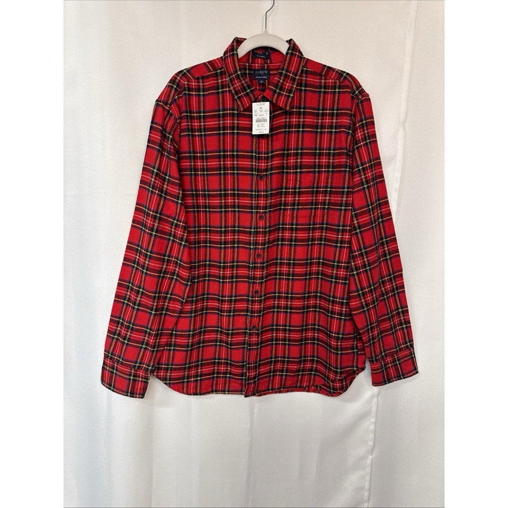 NWT J Crew Men's Flannel Shirt Red Black Plaid Sz L Classic Fit Button Up Grunge